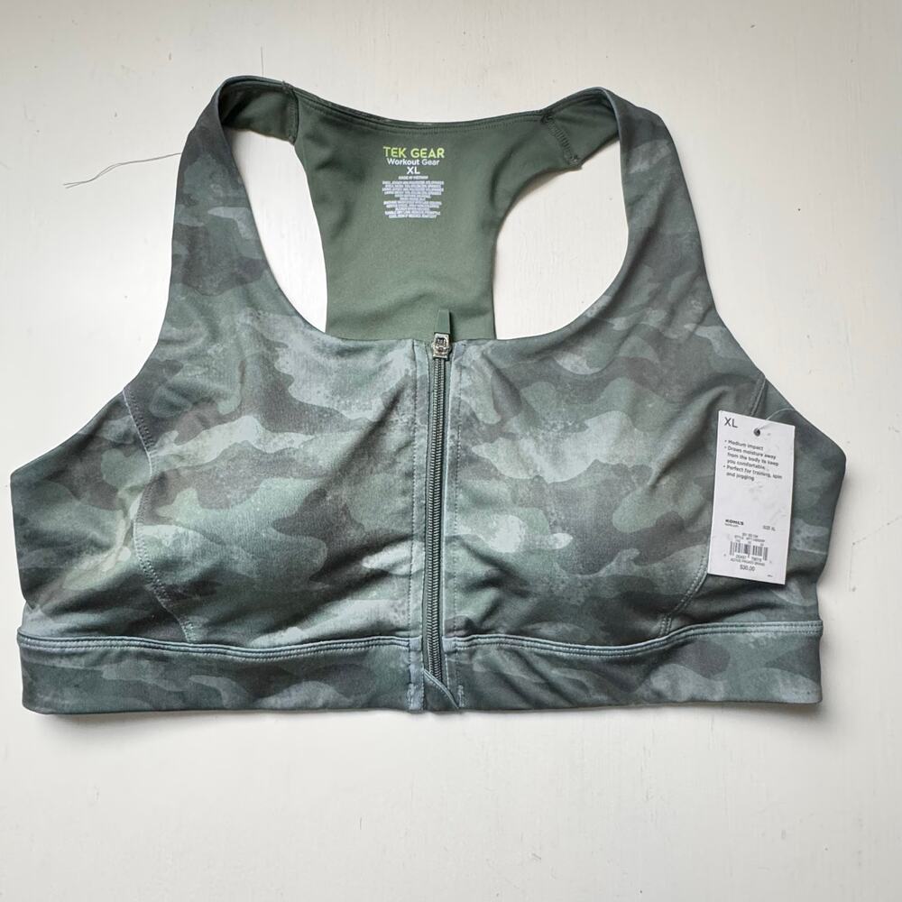 TekGear Women's XL Zip Front Racerback  Athletic Sporty Workout Sports Bra